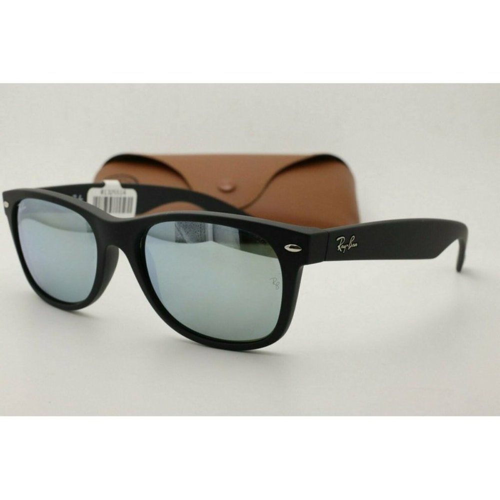 New Ray Ban RB 2132 New Wayfarer Sunglasses 622/30 Matte Black / Green Mirrored - Picture 1 of 5